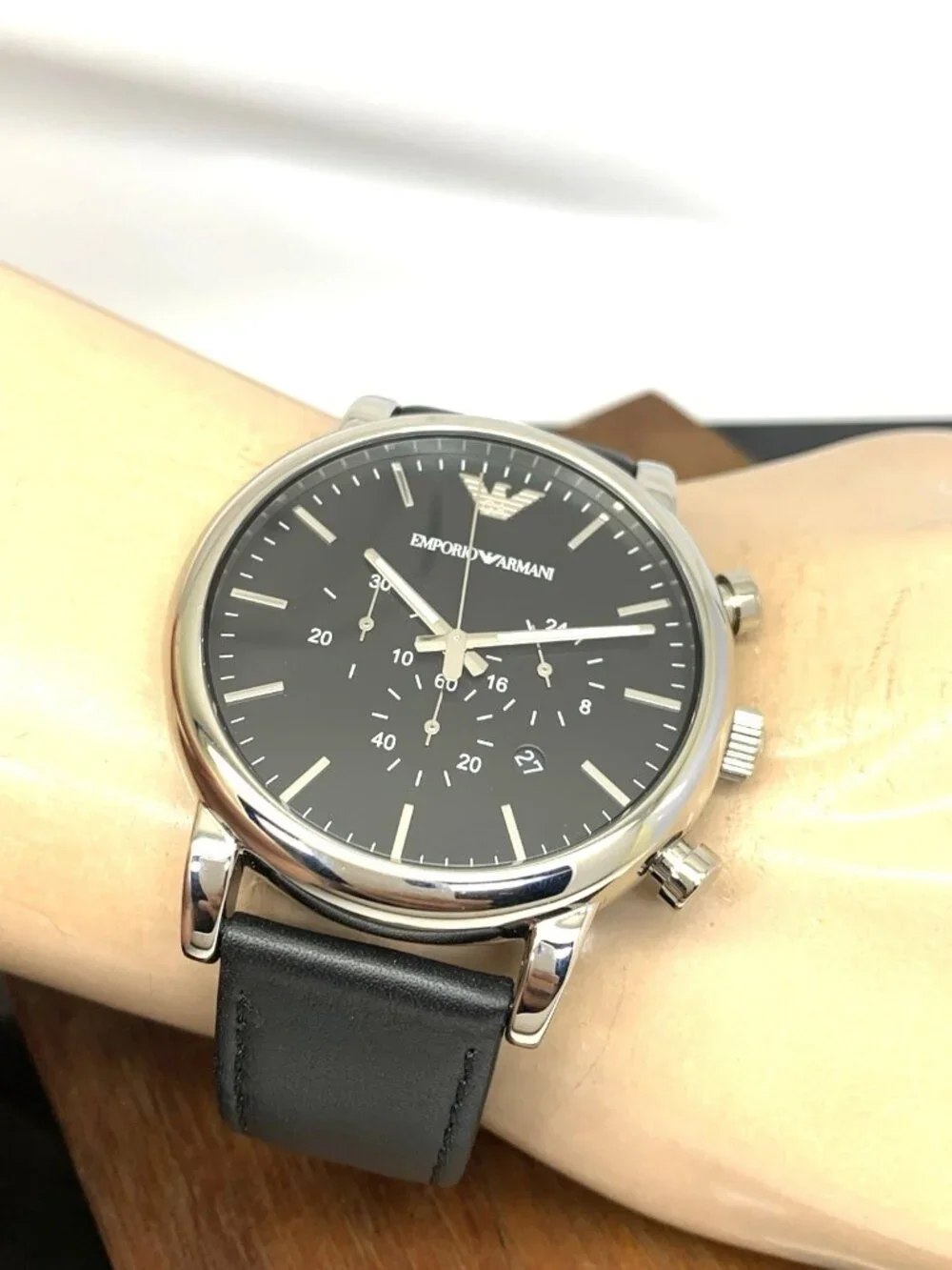 Emporio Armani Men's Watch AR1828 Quartz Chronograph Black Dial Leather Strap